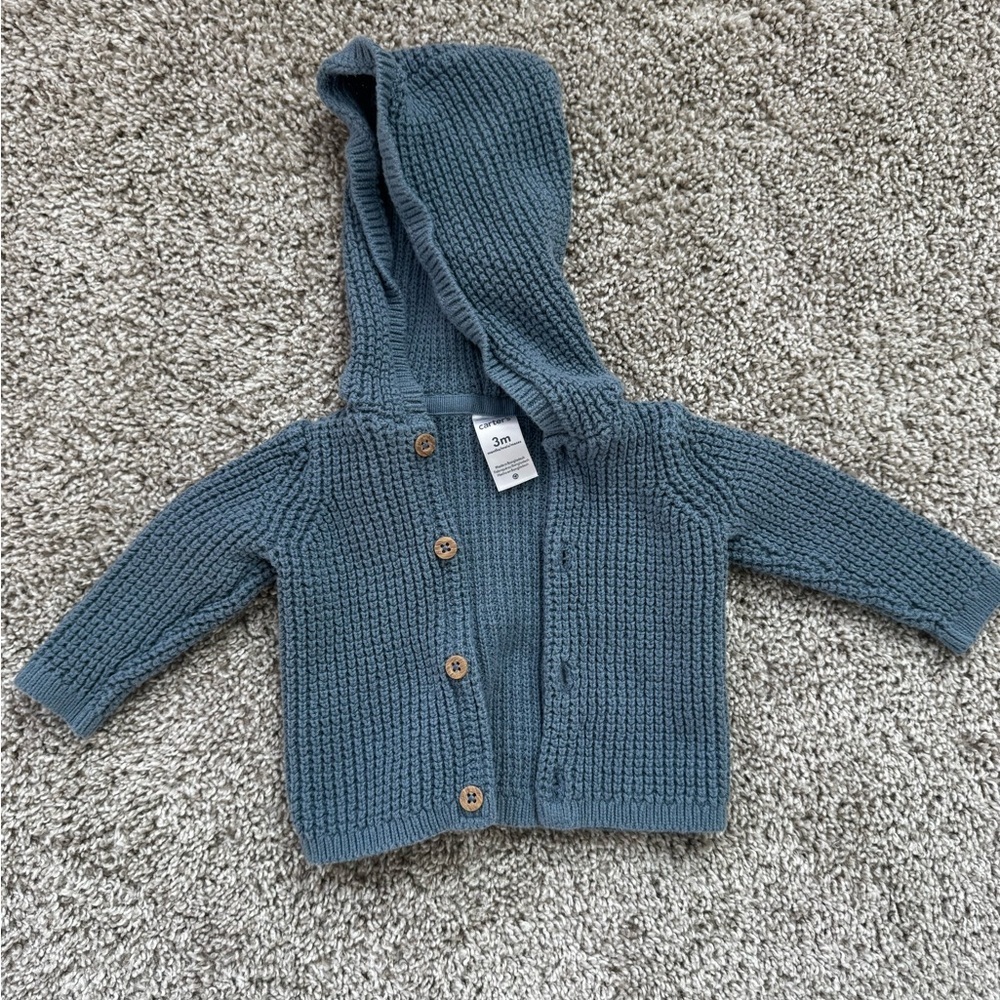 Carter's Baby Boy Knit Hoodie Cardigan Hooded Cotton Cardigan Blue Size 3 Months - Picture 3 of 5